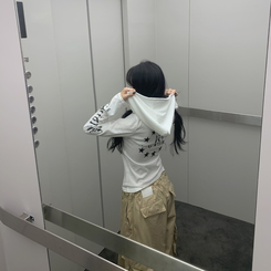 レタリングフード長袖Tシャツ IVORY