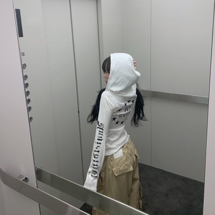 レタリングフード長袖Tシャツ IVORY