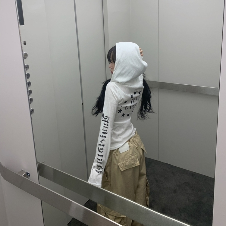 レタリングフード長袖Tシャツ IVORY