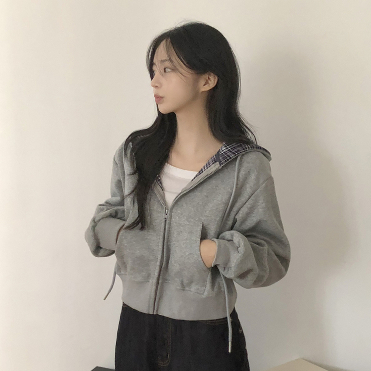 チェッククロップフードジップアップ(5color)｜ジャンパー｜韓国