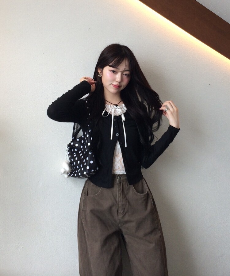 레이스 리본 레이어드 티셔츠 블랙