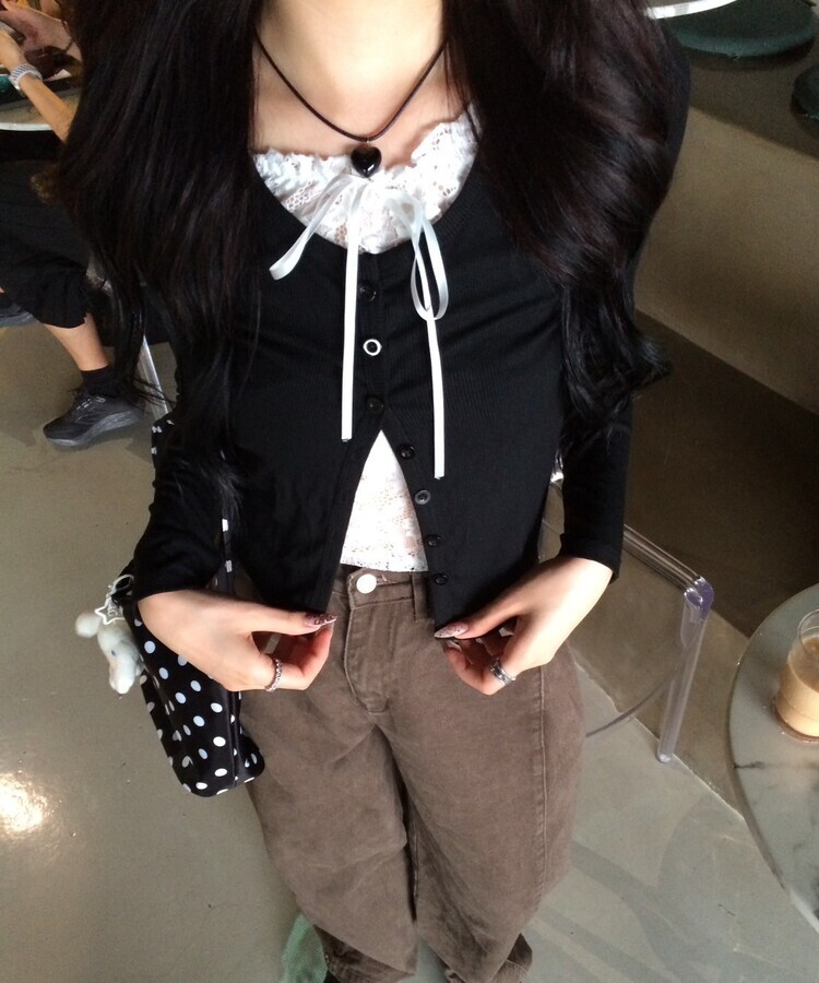 레이스 리본 레이어드 티셔츠 블랙