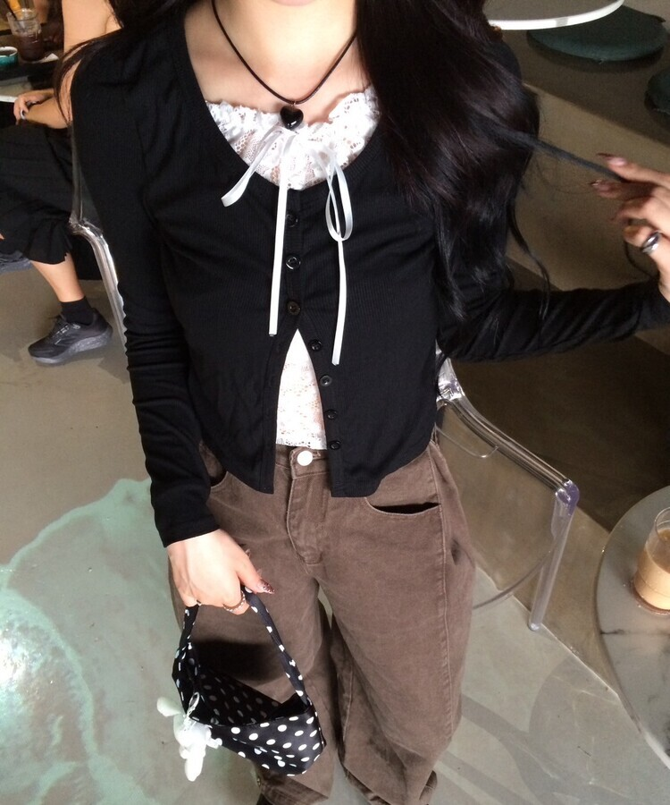 레이스 리본 레이어드 티셔츠 블랙