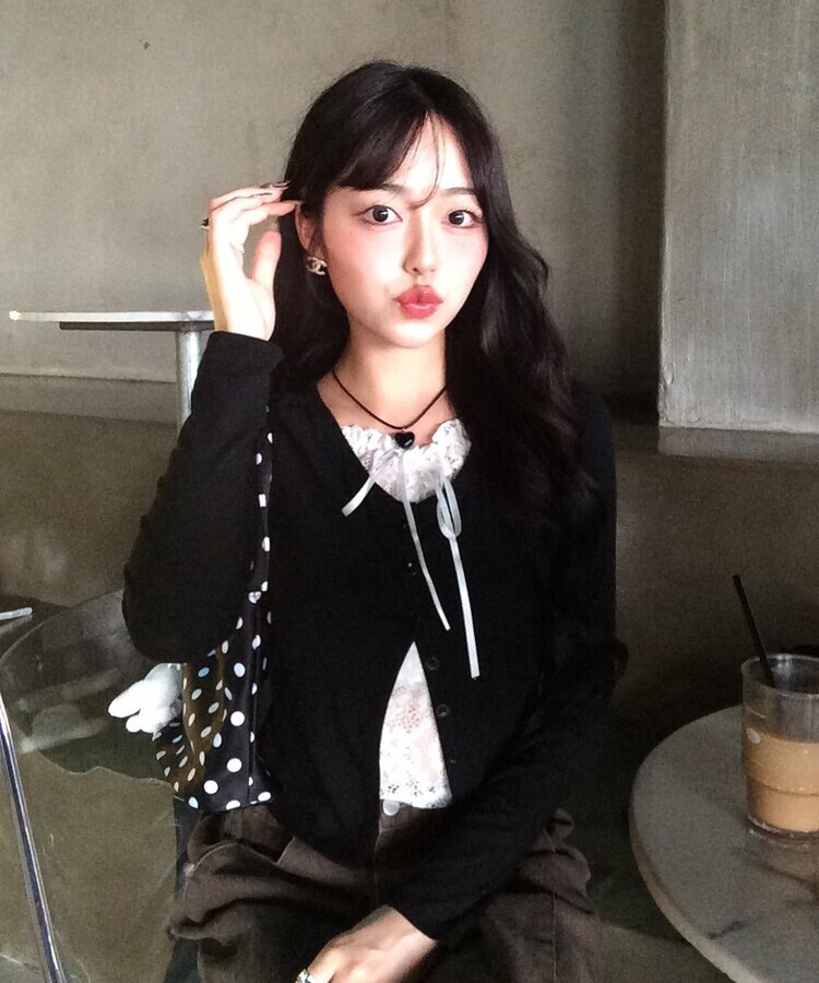 레이스 리본 레이어드 티셔츠 블랙