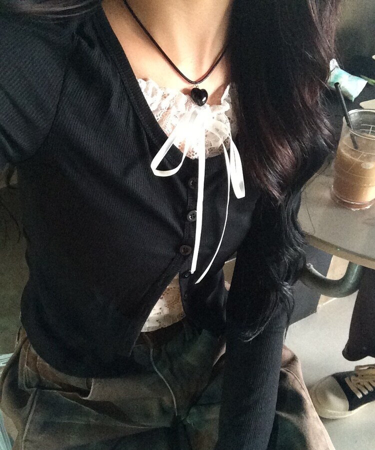 레이스 리본 레이어드 티셔츠 블랙