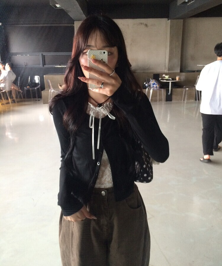 레이스 리본 레이어드 티셔츠 블랙