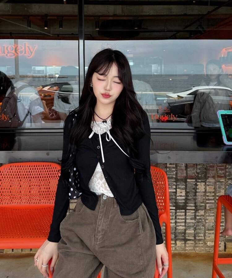 레이스 리본 레이어드 티셔츠 블랙