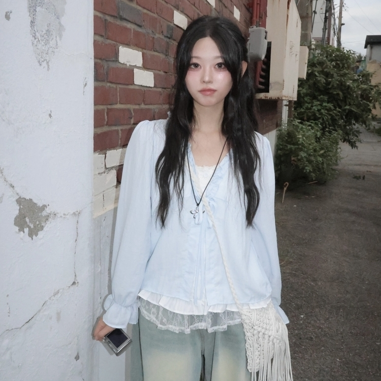 엔젤 프릴 리본 레이어드 발레코어 퍼프 레이스 셔링 긴팔 블라우스 소라