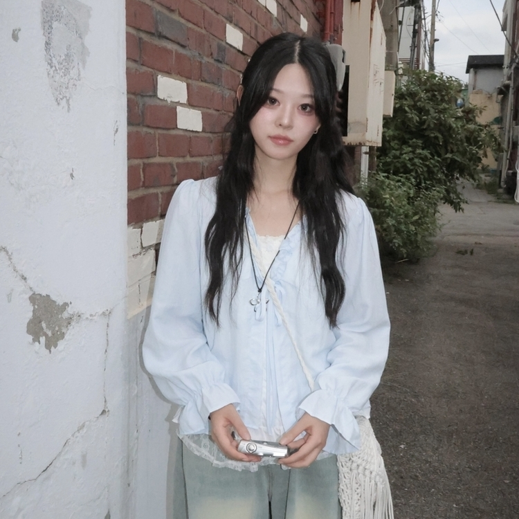 엔젤 프릴 리본 레이어드 발레코어 퍼프 레이스 셔링 긴팔 블라우스 소라