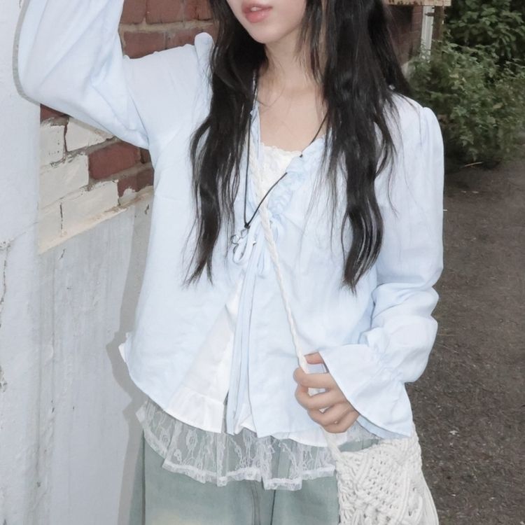 엔젤 프릴 리본 레이어드 발레코어 퍼프 레이스 셔링 긴팔 블라우스 소라