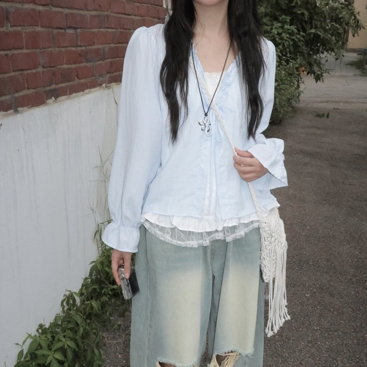 엔젤 프릴 리본 레이어드 발레코어 퍼프 레이스 셔링 긴팔 블라우스 소라