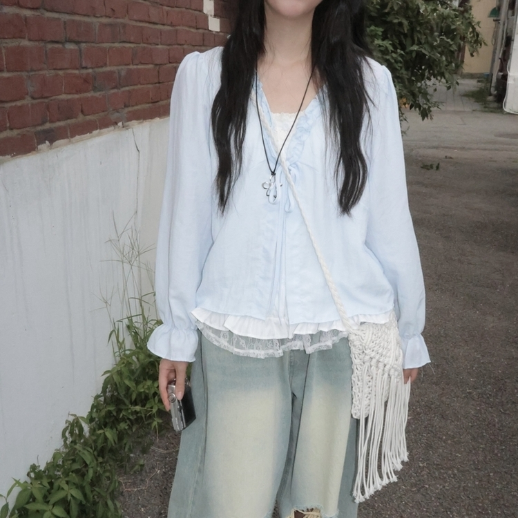 엔젤 프릴 리본 레이어드 발레코어 퍼프 레이스 셔링 긴팔 블라우스 소라