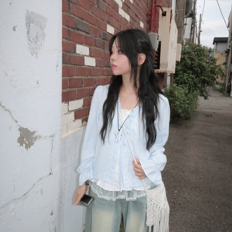 엔젤 프릴 리본 레이어드 발레코어 퍼프 레이스 셔링 긴팔 블라우스 소라