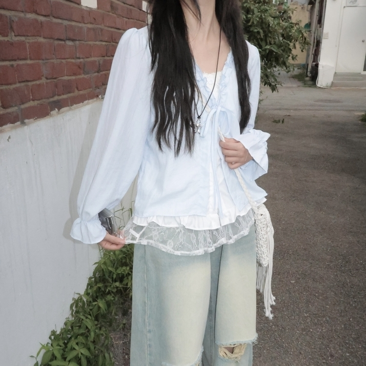 엔젤 프릴 리본 레이어드 발레코어 퍼프 레이스 셔링 긴팔 블라우스 소라