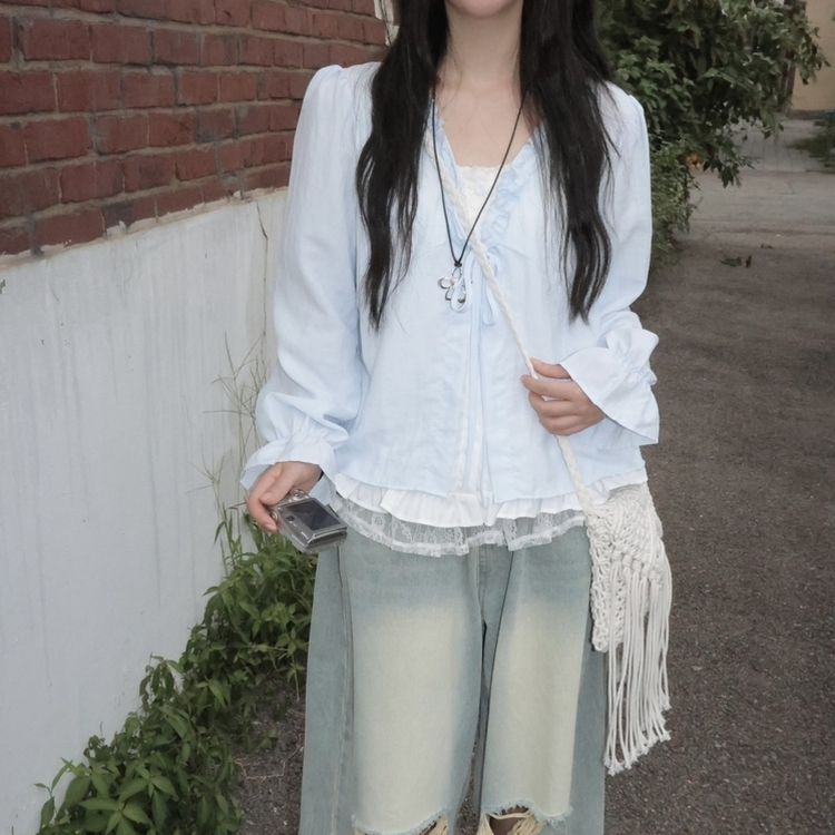 엔젤 프릴 리본 레이어드 발레코어 퍼프 레이스 셔링 긴팔 블라우스 소라