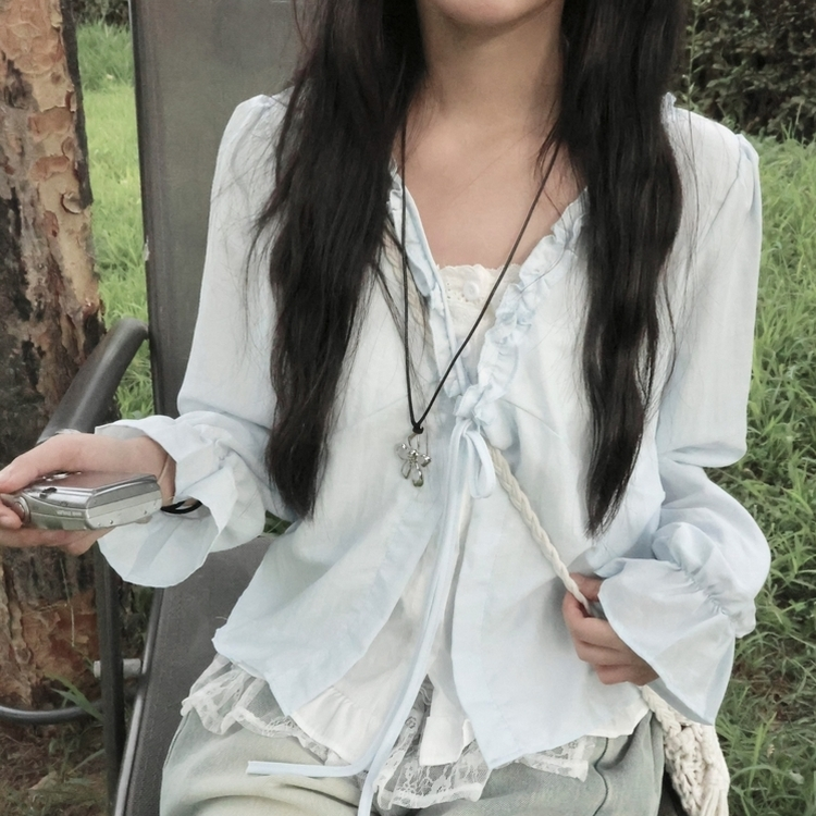 엔젤 프릴 리본 레이어드 발레코어 퍼프 레이스 셔링 긴팔 블라우스 소라