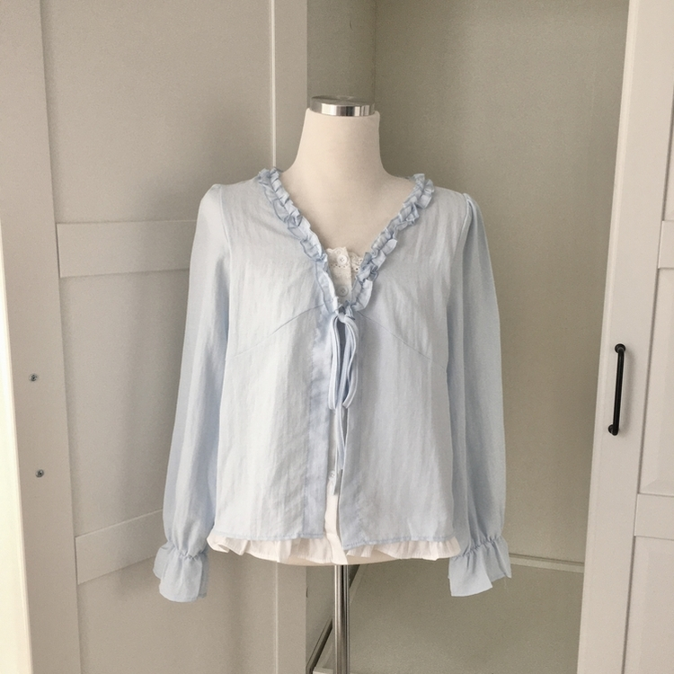 엔젤 프릴 리본 레이어드 발레코어 퍼프 레이스 셔링 긴팔 블라우스