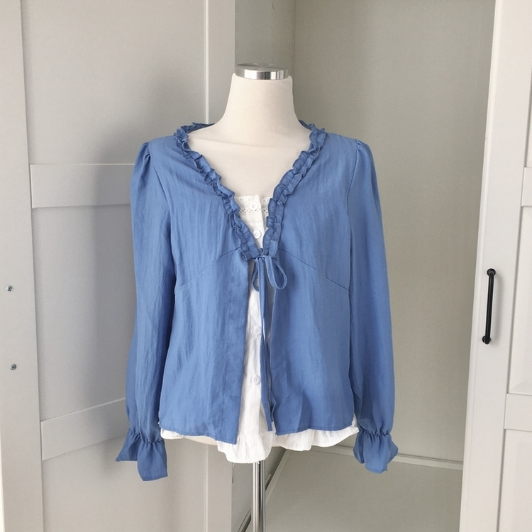 엔젤 프릴 리본 레이어드 발레코어 퍼프 레이스 셔링 긴팔 블라우스