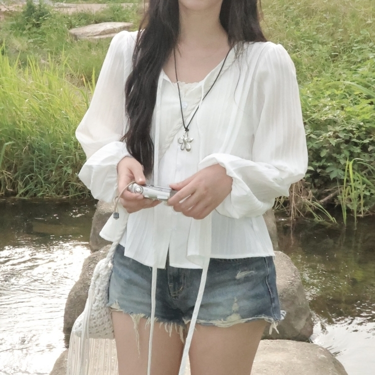 청순 여리 리본 핀턱 러블리 스트랩 프릴 긴팔 줄지 블라우스 화이트