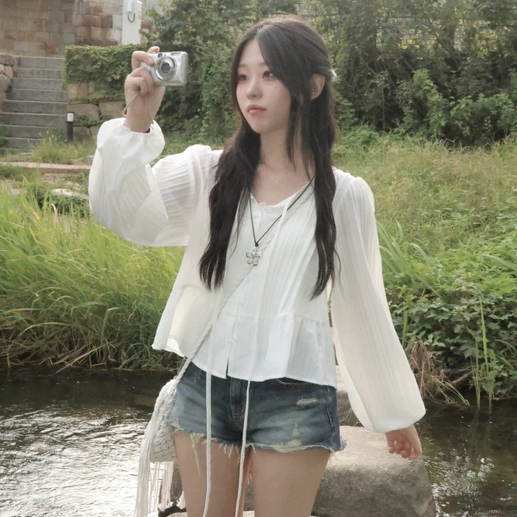 청순 여리 리본 핀턱 러블리 스트랩 프릴 긴팔 줄지 블라우스 화이트