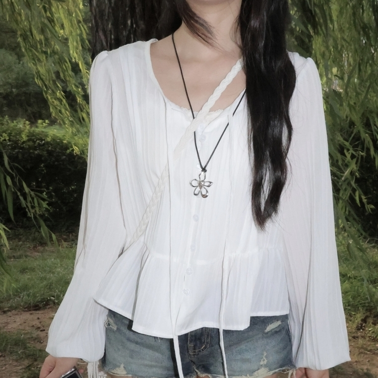 청순 여리 리본 핀턱 러블리 스트랩 프릴 긴팔 줄지 블라우스 화이트