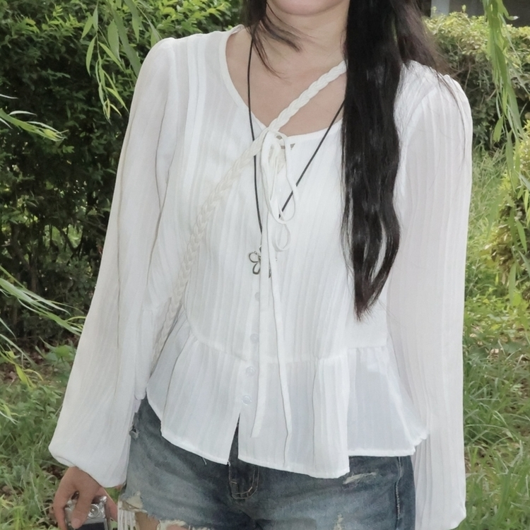 청순 여리 리본 핀턱 러블리 스트랩 프릴 긴팔 줄지 블라우스 화이트