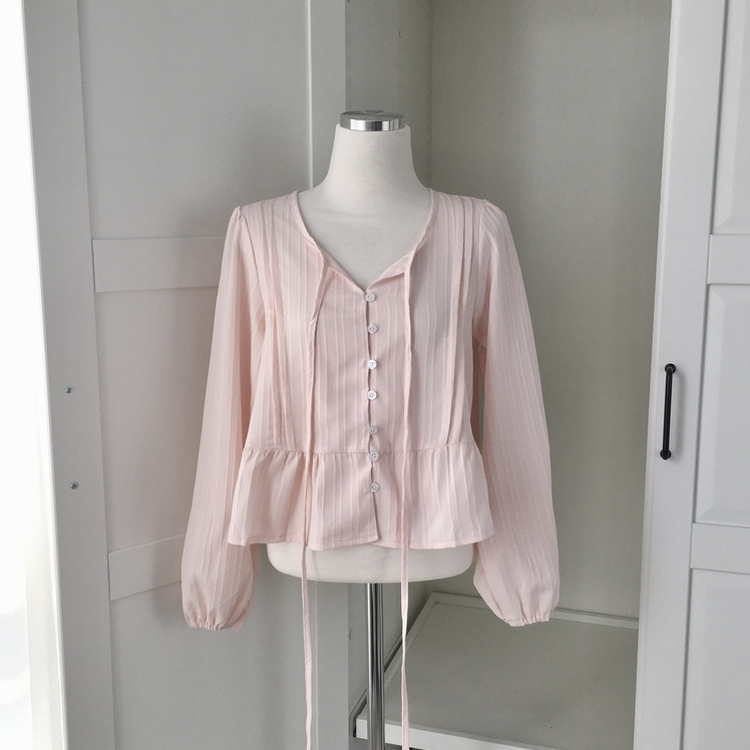 청순 여리 리본 핀턱 러블리 스트랩 프릴 긴팔 줄지 블라우스