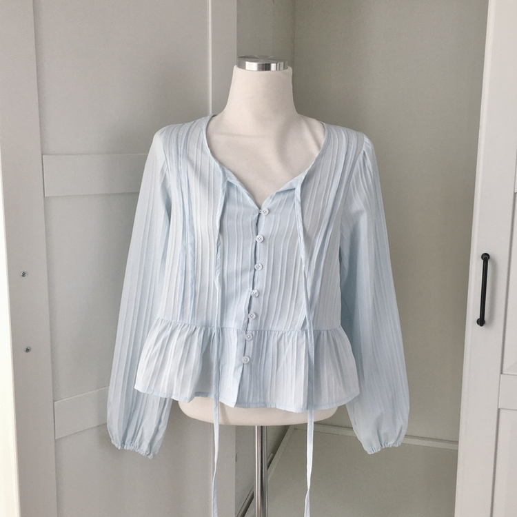 청순 여리 리본 핀턱 러블리 스트랩 프릴 긴팔 줄지 블라우스