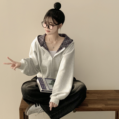 ビンテージチェックバイカラークロップフードジップアップ秋服開講ルック(5color) LIGHT GREY