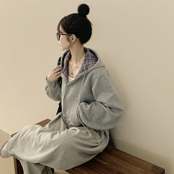 ビンテージチェックバイカラークロップフードジップアップ秋服開講ルック(5color) DARK GRAY