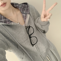 ビンテージチェックバイカラークロップフードジップアップ秋服開講ルック(5color) DARK GRAY