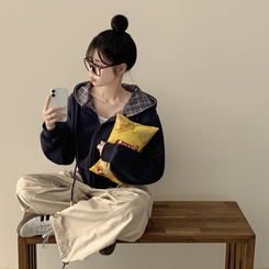 ビンテージチェックバイカラークロップフードジップアップ秋服開講ルック(5color) DARK BLUE