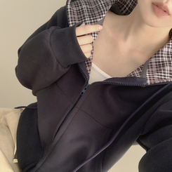 ビンテージチェックバイカラークロップフードジップアップ秋服開講ルック(5color) DARK BLUE