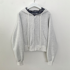 ビンテージチェックバイカラークロップフードジップアップ秋服開講ルック(5color)