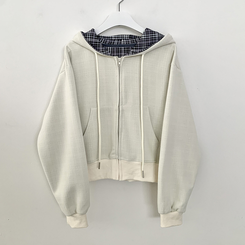 ビンテージチェックバイカラークロップフードジップアップ秋服開講ルック(5color)