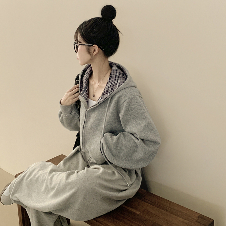 빈티지 체크 배색 크롭 후드집업 다크그레이