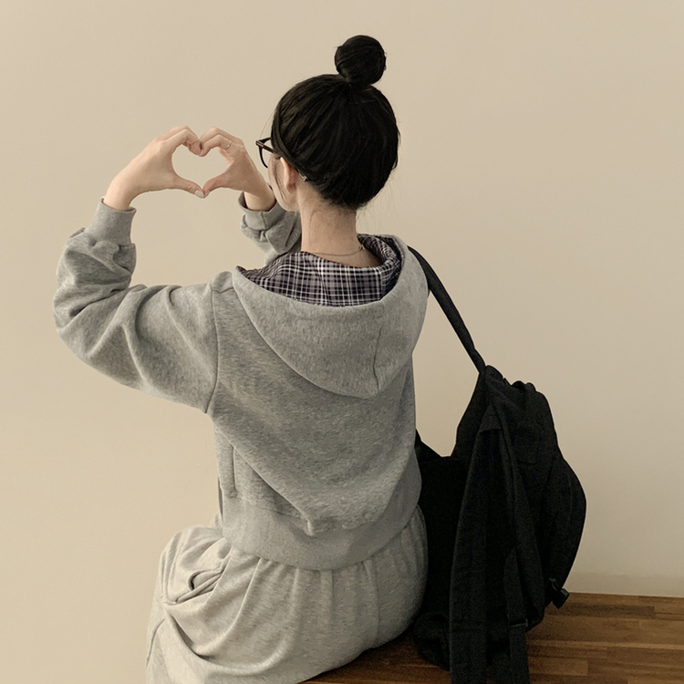 빈티지 체크 배색 크롭 후드집업 다크그레이