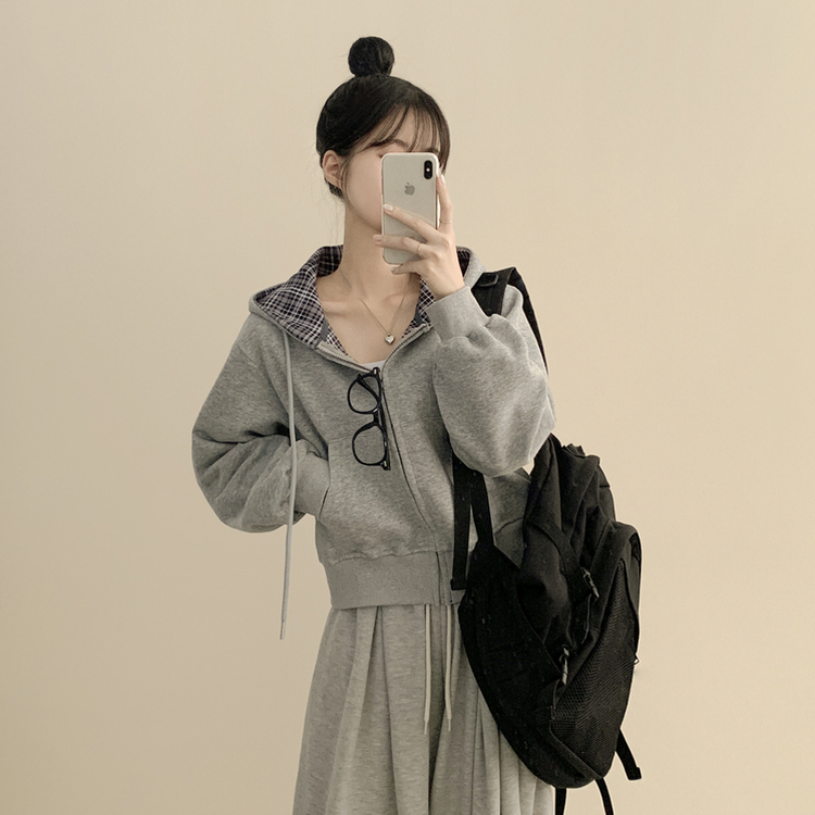 빈티지 체크 배색 크롭 후드집업 다크그레이