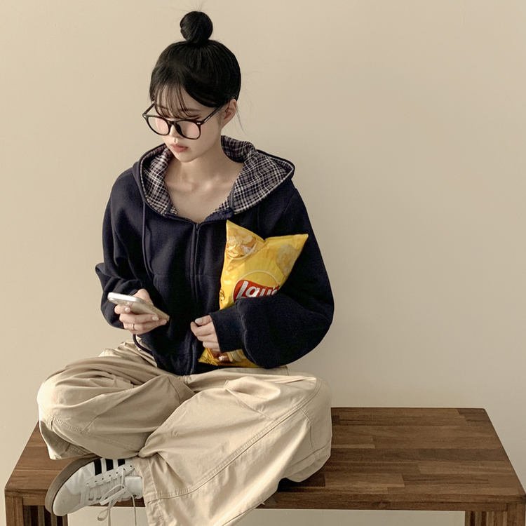 빈티지 체크 배색 크롭 후드집업 곤색