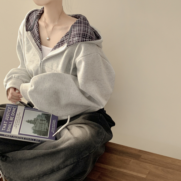 ビンテージチェックバイカラークロップフードジップアップ秋服開講ルック(5color) LIGHT GREY