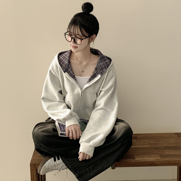 ビンテージチェックバイカラークロップフードジップアップ秋服開講ルック(5color) LIGHT GREY