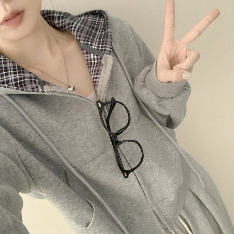 ビンテージチェックバイカラークロップフードジップアップ秋服開講ルック(5color) DARK GRAY
