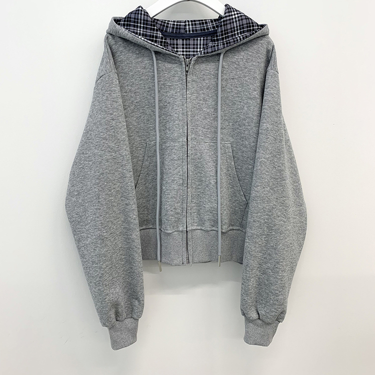 ビンテージチェックバイカラークロップフードジップアップ秋服開講ルック(5color)