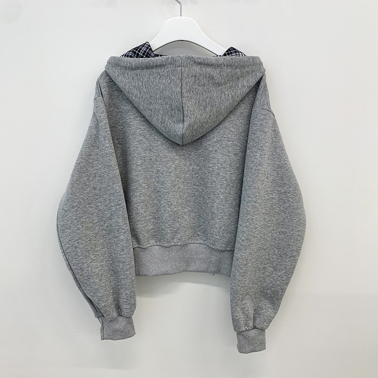 ビンテージチェックバイカラークロップフードジップアップ秋服開講ルック(5color)