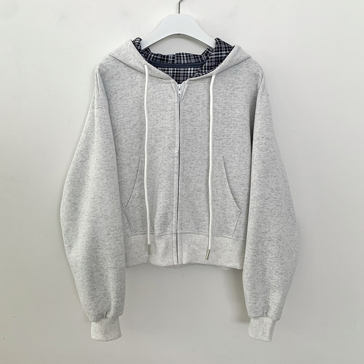 ビンテージチェックバイカラークロップフードジップアップ秋服開講ルック(5color)