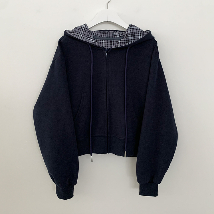 ビンテージチェックバイカラークロップフードジップアップ秋服開講ルック(5color)