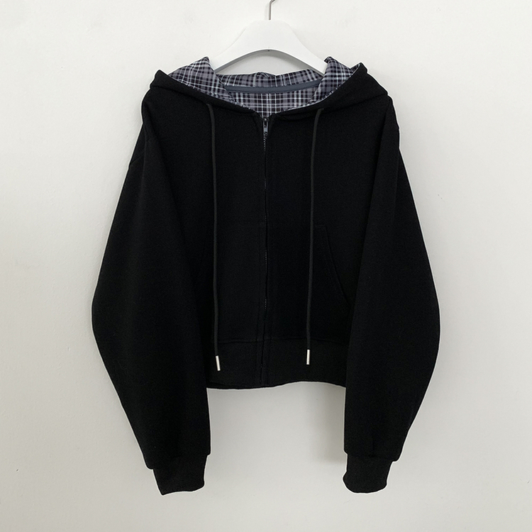 ビンテージチェックバイカラークロップフードジップアップ秋服開講ルック(5color)