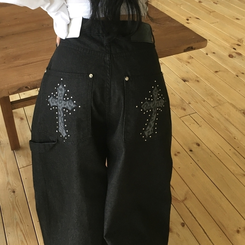 リベットワイドカーフェンダーパンツ BLACK