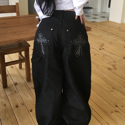 リベットワイドカーフェンダーパンツ BLACK