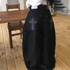 リベットワイドカーフェンダーパンツ BLACK